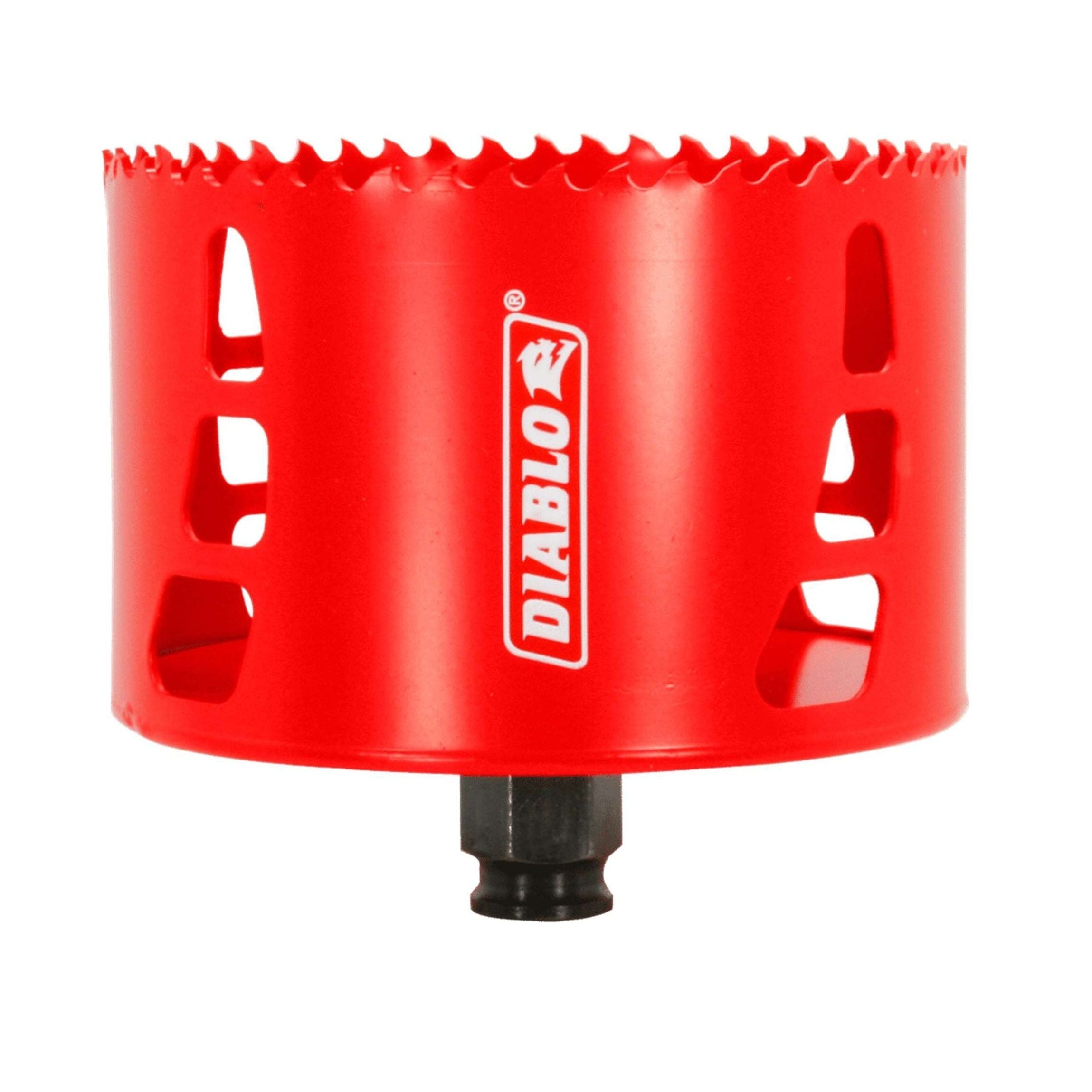 The DIABLO DHS4000 is a 4 in. x 2-3/8 in. high-performance hole saw featuring Diablos white logo, a red circular design with serrated edges, multiple side openings, and visible central mounting shaft. Its enhanced with a Variable Tooth Design for precision.